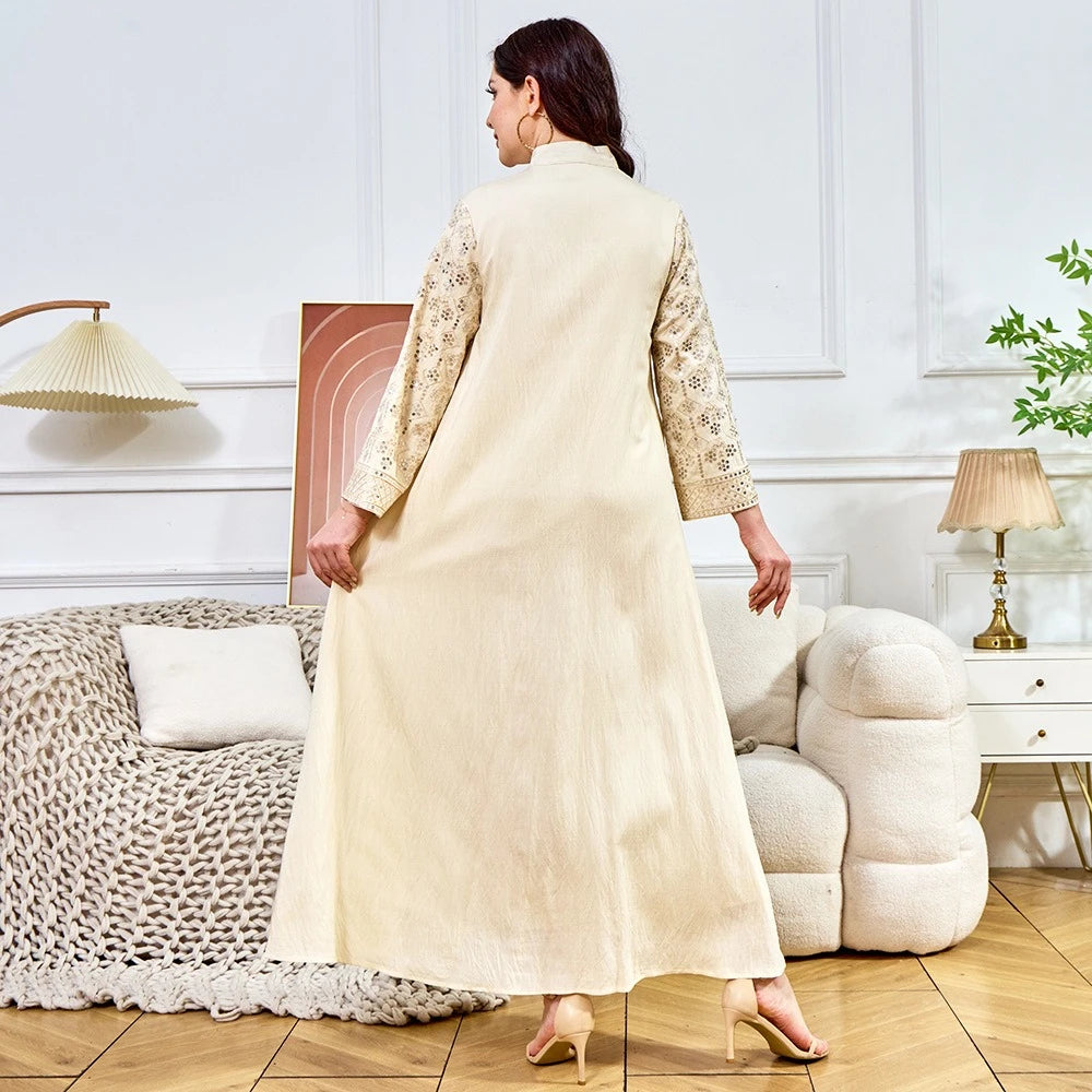 ML187 Embroidered Sequin Abaya Dress – Elegant V-Neck Modest Long Robe