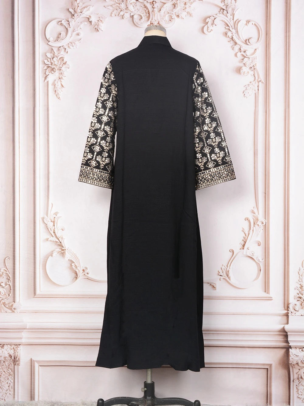 ML187 Embroidered Sequin Abaya Dress – Elegant V-Neck Modest Long Robe