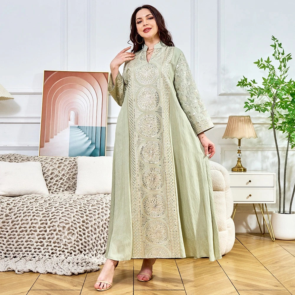 ML187 Embroidered Sequin Abaya Dress – Elegant V-Neck Modest Long Robe