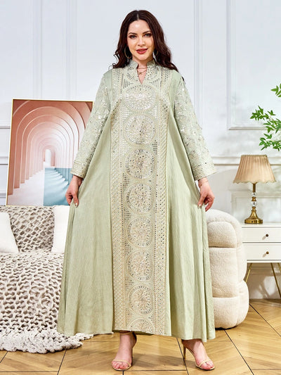 ML187 Embroidered Sequin Abaya Dress – Elegant V-Neck Modest Long Robe