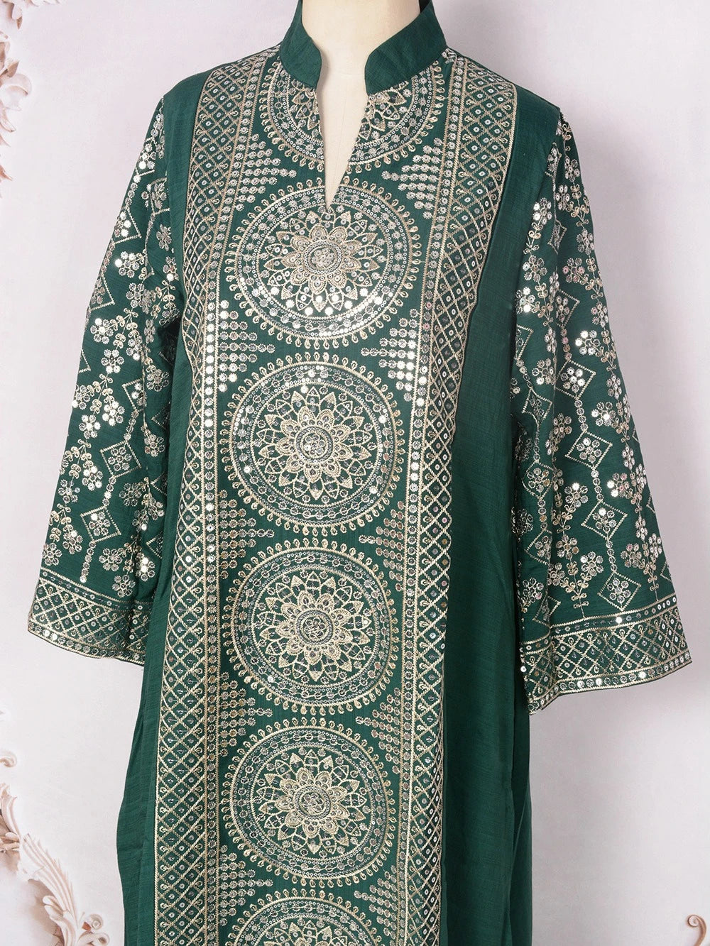 ML187 Embroidered Sequin Abaya Dress – Elegant V-Neck Modest Long Robe