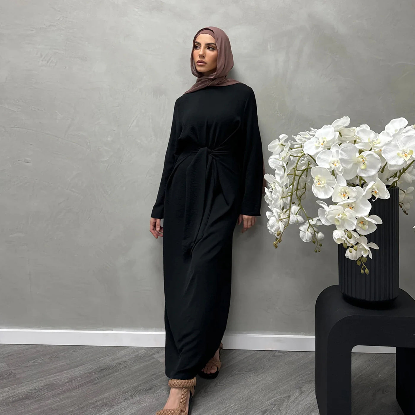 LM064 Summer 2025 Tie-Waist Abaya Dress Crepe Jazz One-Piece Modest Essential Lightweight Daily Hijab Outfit