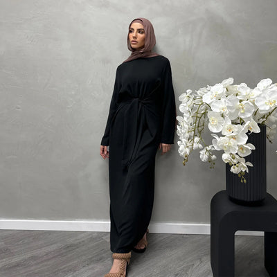 LM064 Summer 2025 Tie-Waist Abaya Dress Crepe Jazz One-Piece Modest Essential Lightweight Daily Hijab Outfit
