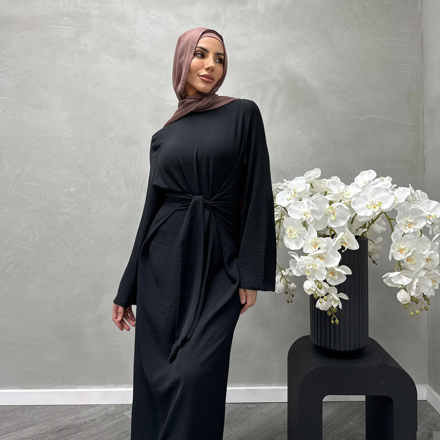 LM064 Summer 2025 Tie-Waist Abaya Dress Crepe Jazz One-Piece Modest Essential Lightweight Daily Hijab Outfit