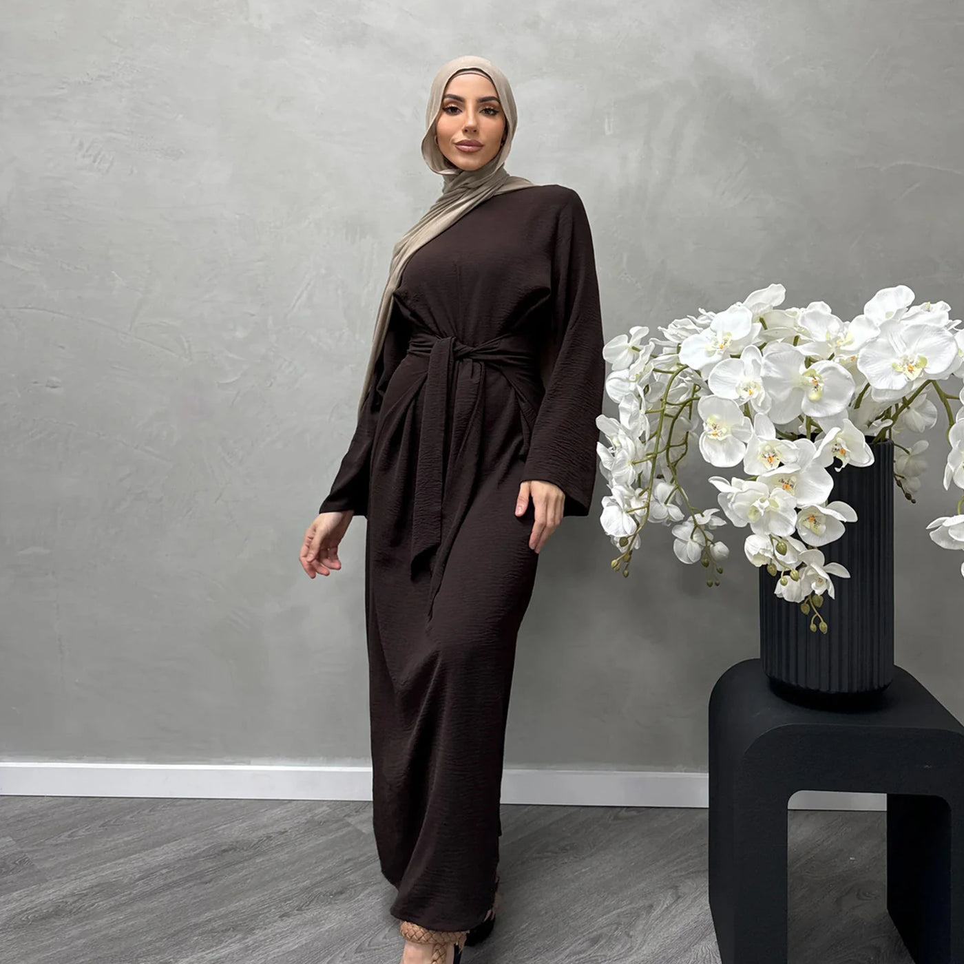 LM064 Summer 2025 Tie-Waist Abaya Dress Crepe Jazz One-Piece Modest Essential Lightweight Daily Hijab Outfit
