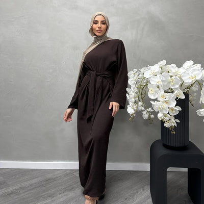 LM064 Summer 2025 Tie-Waist Abaya Dress Crepe Jazz One-Piece Modest Essential Lightweight Daily Hijab Outfit