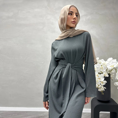 LM064 Summer 2025 Tie-Waist Abaya Dress Crepe Jazz One-Piece Modest Essential Lightweight Daily Hijab Outfit