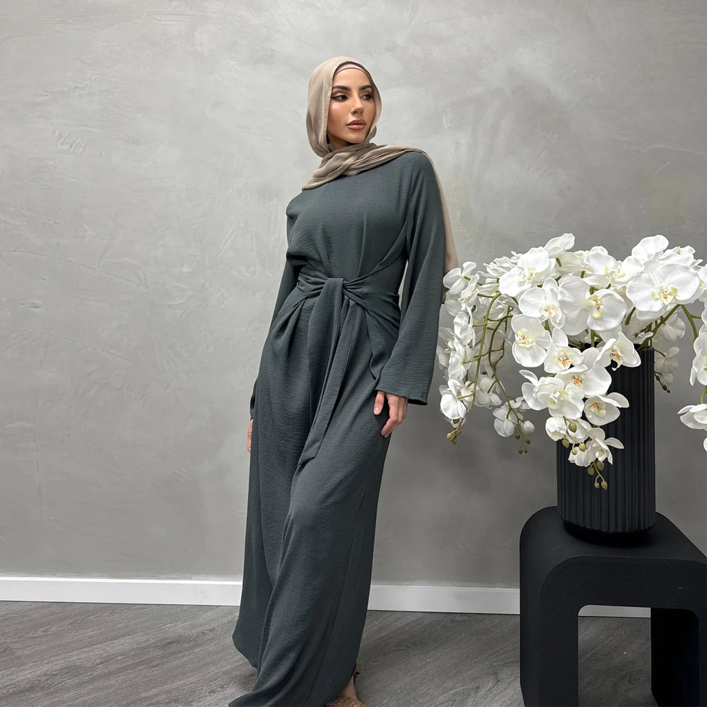 LM064 Summer 2025 Tie-Waist Abaya Dress Crepe Jazz One-Piece Modest Essential Lightweight Daily Hijab Outfit
