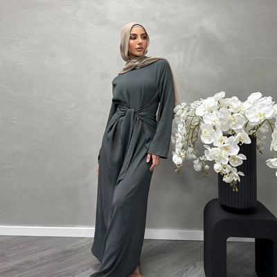 LM064 Summer 2025 Tie-Waist Abaya Dress Crepe Jazz One-Piece Modest Essential Lightweight Daily Hijab Outfit