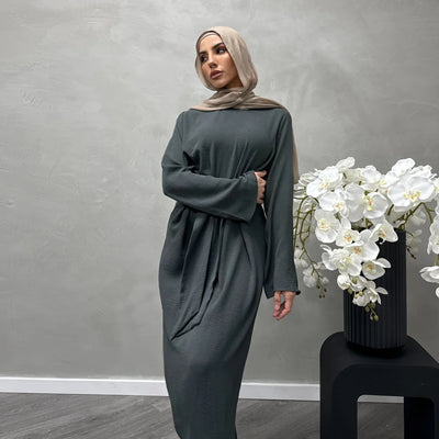 LM064 Summer 2025 Tie-Waist Abaya Dress Crepe Jazz One-Piece Modest Essential Lightweight Daily Hijab Outfit