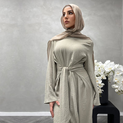 LM064 Summer 2025 Tie-Waist Abaya Dress Crepe Jazz One-Piece Modest Essential Lightweight Daily Hijab Outfit