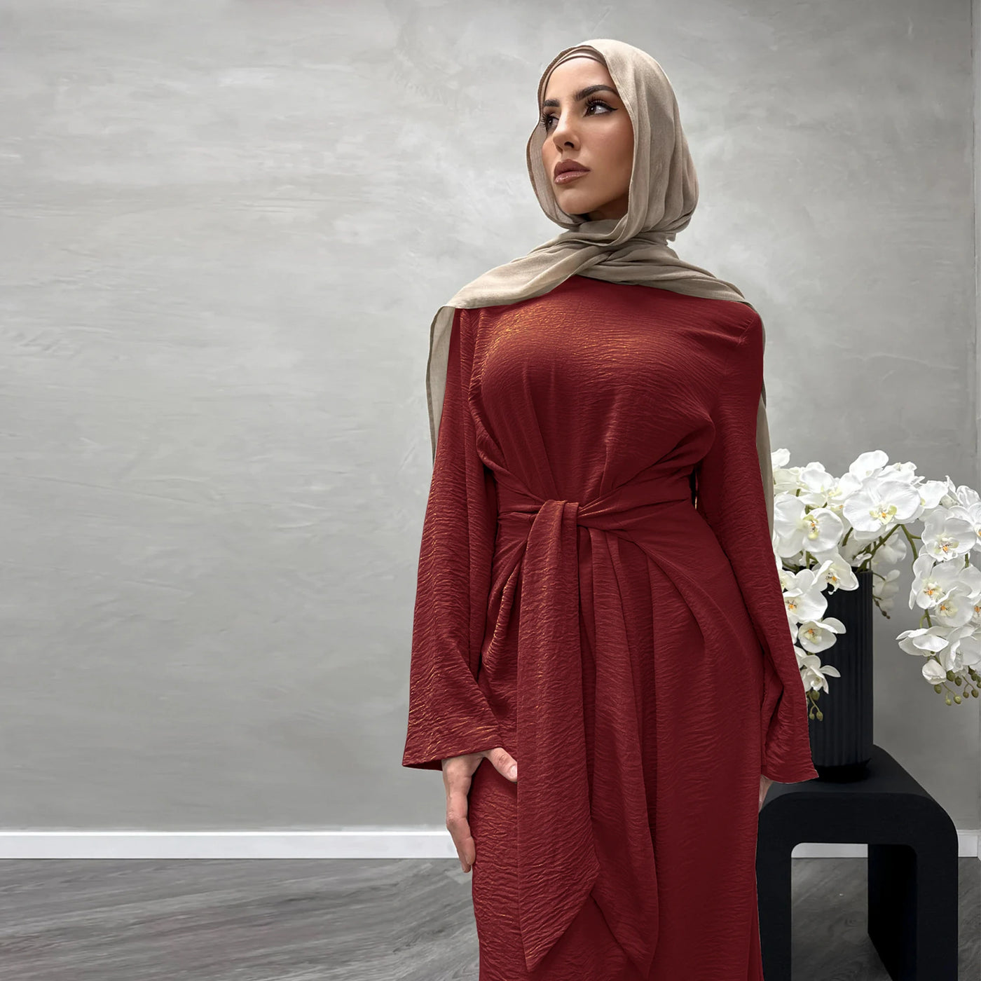 LM064 Summer 2025 Tie-Waist Abaya Dress Crepe Jazz One-Piece Modest Essential Lightweight Daily Hijab Outfit