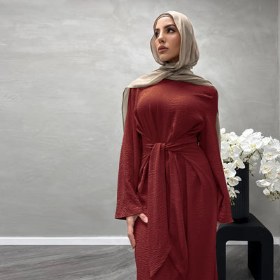 LM064 Summer 2025 Tie-Waist Abaya Dress Crepe Jazz One-Piece Modest Essential Lightweight Daily Hijab Outfit