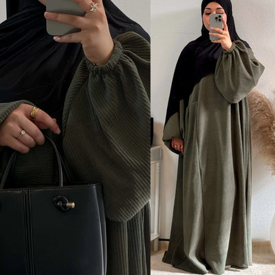 LM057 Winter Corduroy Abaya Dress  Reversible Balloon Sleeves & A-Line Silhouette Thick Warm Modest Fashion