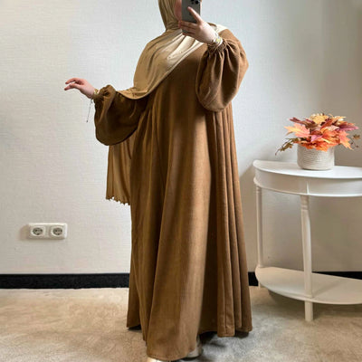 LM057 Winter Corduroy Abaya Dress  Reversible Balloon Sleeves & A-Line Silhouette Thick Warm Modest Fashion