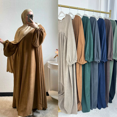 LM057 Winter Corduroy Abaya Dress  Reversible Balloon Sleeves & A-Line Silhouette Thick Warm Modest Fashion