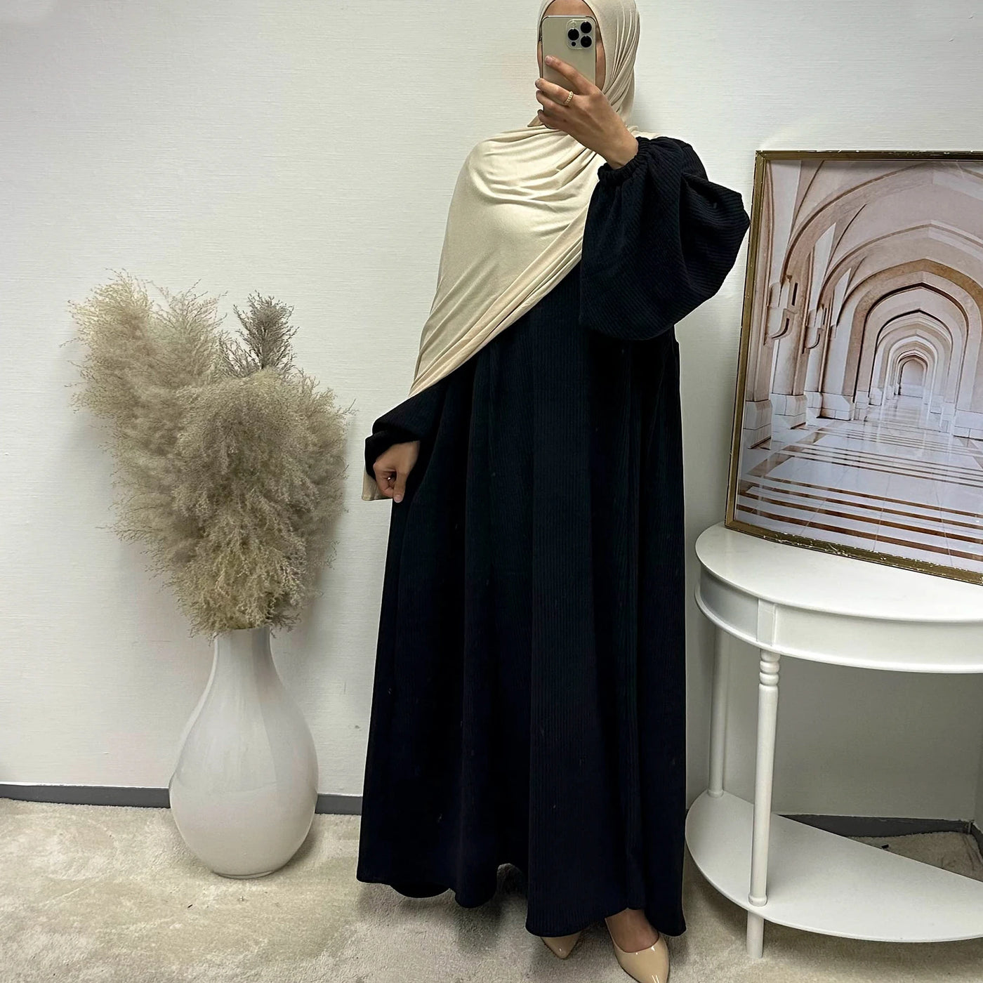 LM057 Winter Corduroy Abaya Dress  Reversible Balloon Sleeves & A-Line Silhouette Thick Warm Modest Fashion