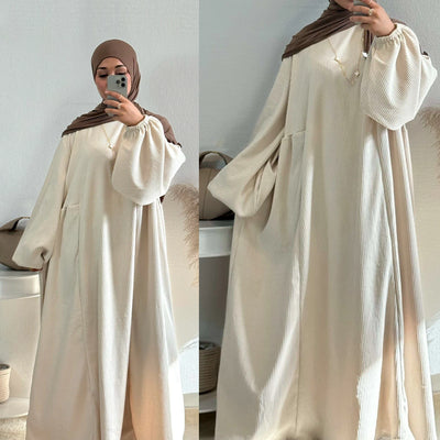 LM057 Winter Corduroy Abaya Dress  Reversible Balloon Sleeves & A-Line Silhouette Thick Warm Modest Fashion