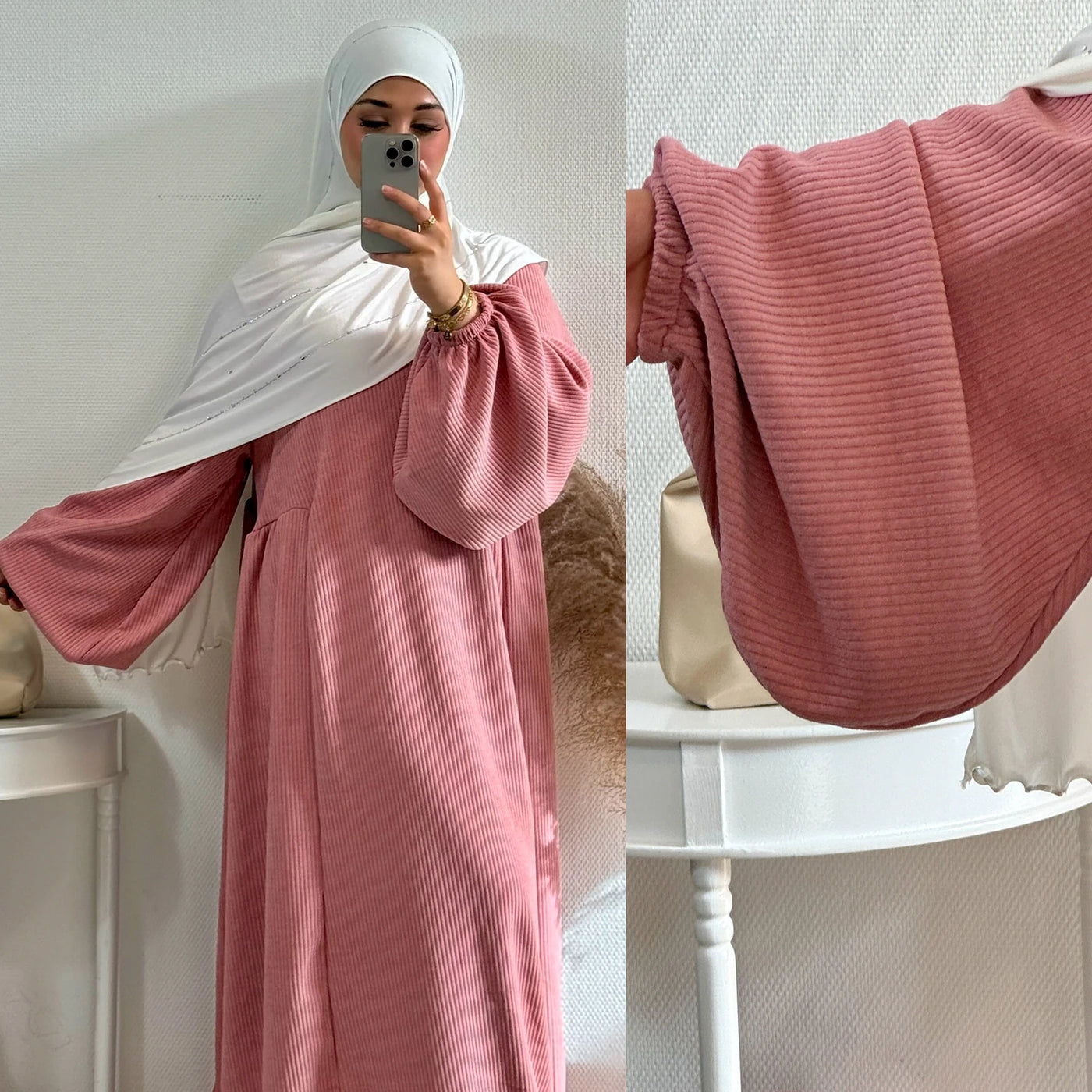 LM057 Winter Corduroy Abaya Dress  Reversible Balloon Sleeves & A-Line Silhouette Thick Warm Modest Fashion