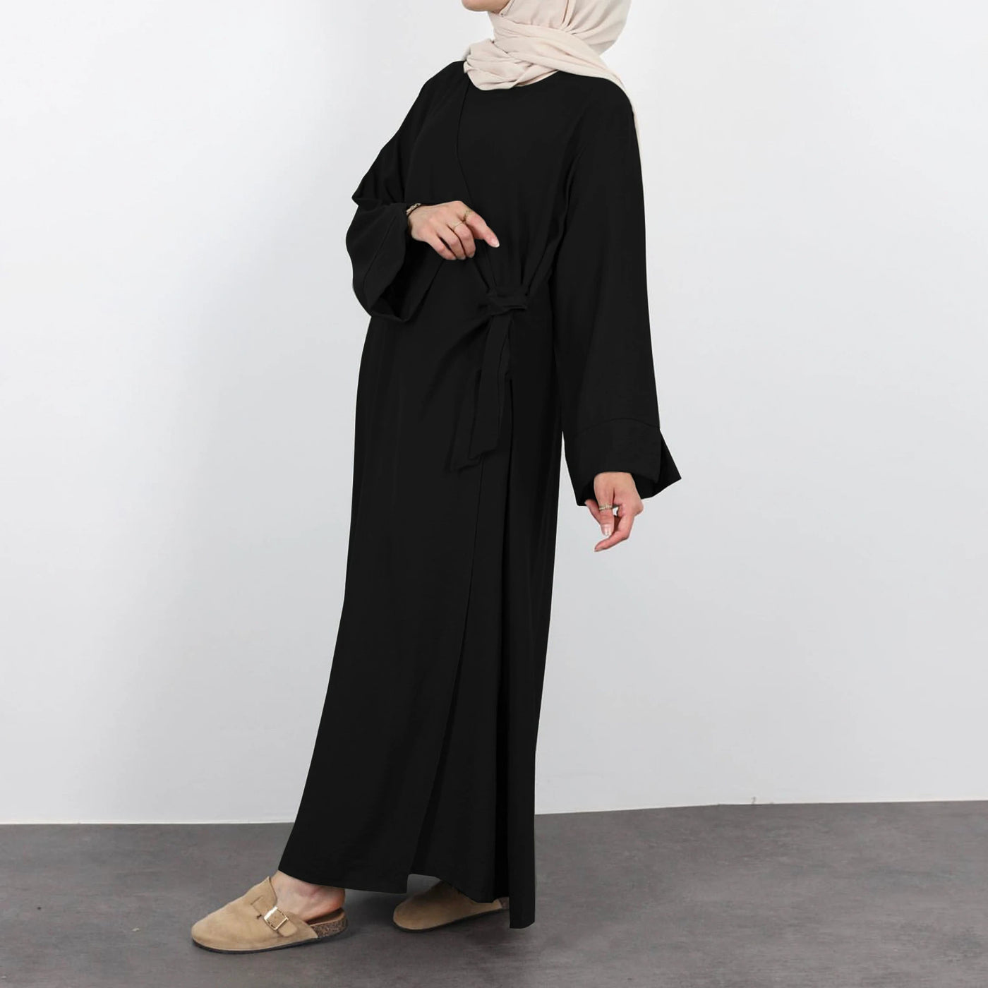 LM062 Tie Kimono Closed Abaya Dress Crepe Jazz Fabric Daily Essential