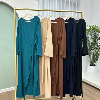 LM062 Tie Kimono Closed Abaya Dress Crepe Jazz Fabric Daily Essential