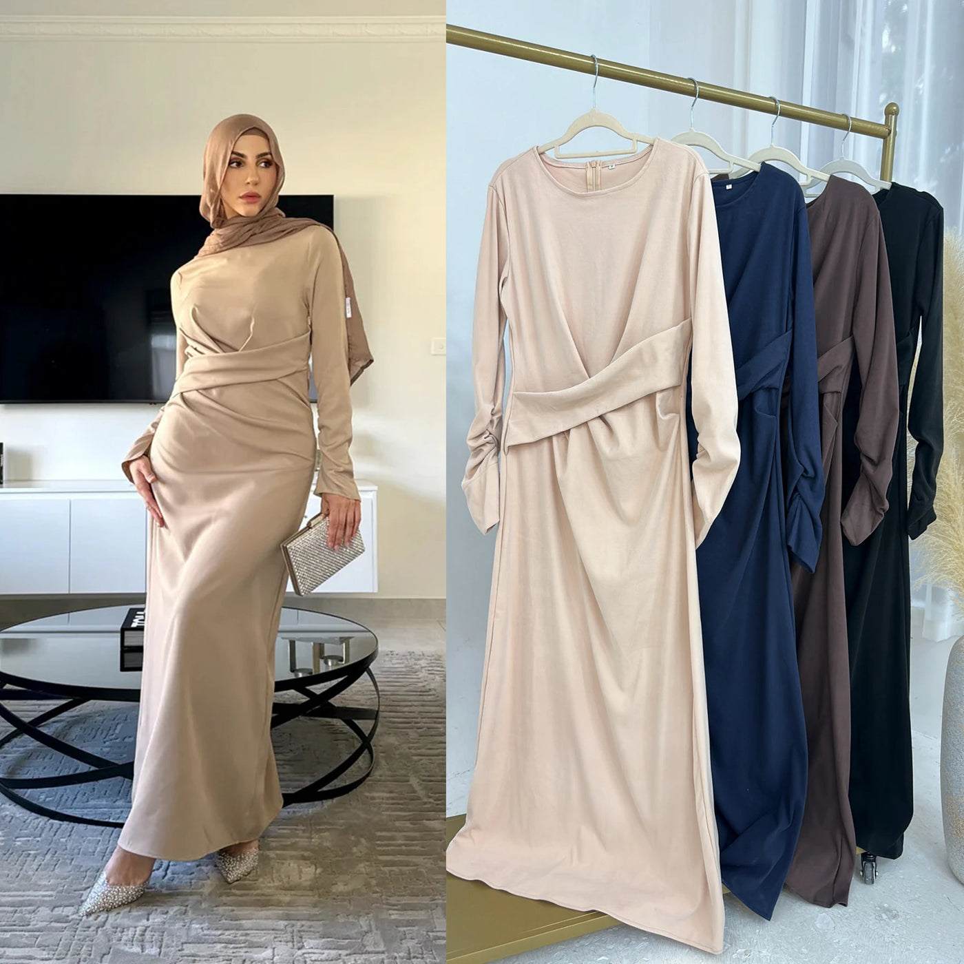 LM058 Winter Thermal Abaya Dress Twist Waist & Zipper Back Warm Modest Fashion