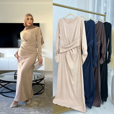 LM058 Winter Thermal Abaya Dress Twist Waist & Zipper Back Warm Modest Fashion