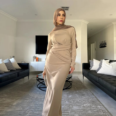 LM058 Winter Thermal Abaya Dress Twist Waist & Zipper Back Warm Modest Fashion