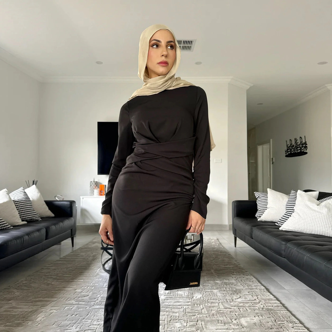 LM058 Winter Thermal Abaya Dress Twist Waist & Zipper Back Warm Modest Fashion