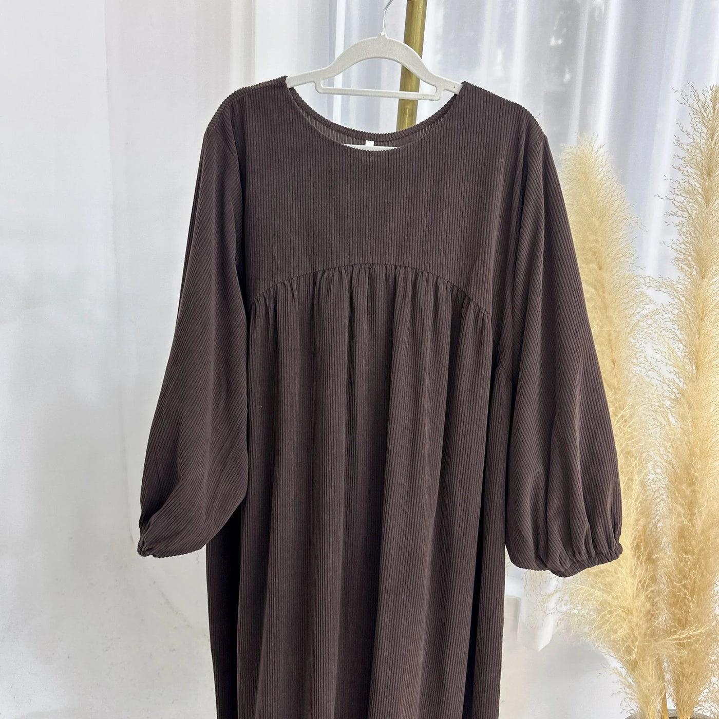 LM057 Winter Corduroy Abaya Dress  Reversible Balloon Sleeves & A-Line Silhouette Thick Warm Modest Fashion