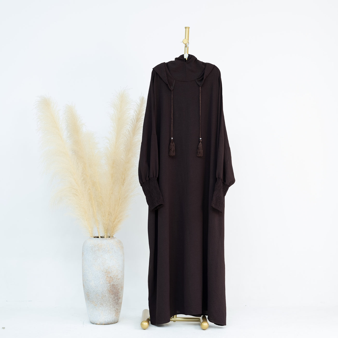 LM220 Hooded Abaya Dress for Women – Batwing Sleeve, Drawstring Hood, Shirred Cuffs, Solid Color