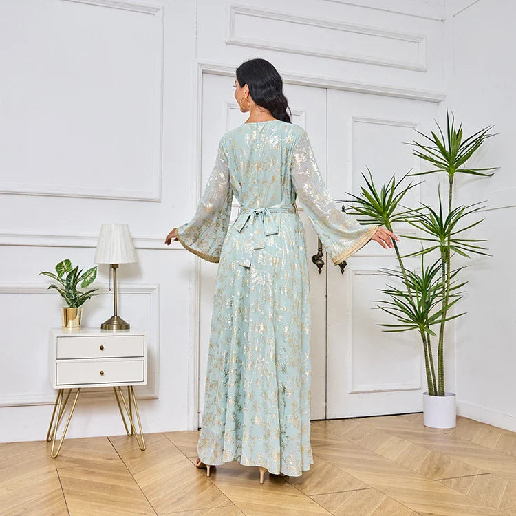 LM186 Summer Dubai Abaya Dress | Lightweight Gold Print Modest Maxi Kaftan