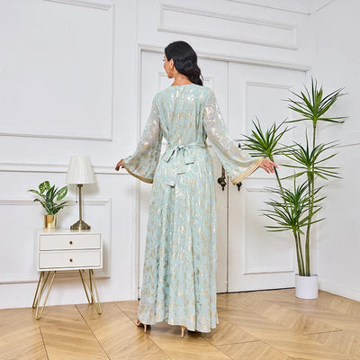 LM186 Summer Dubai Abaya Dress | Lightweight Gold Print Modest Maxi Kaftan