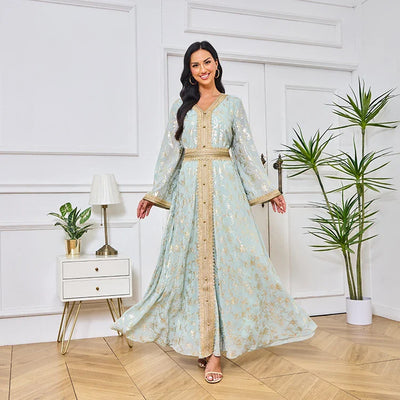 LM186 Summer Dubai Abaya Dress | Lightweight Gold Print Modest Maxi Kaftan