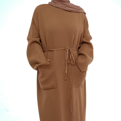 LM227 Winter Abaya with Pockets – Belted Long Sleeve Modest Dress