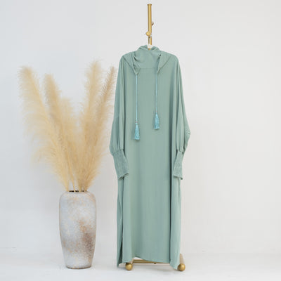 LM220 Hooded Abaya Dress for Women – Batwing Sleeve, Drawstring Hood, Shirred Cuffs, Solid Color