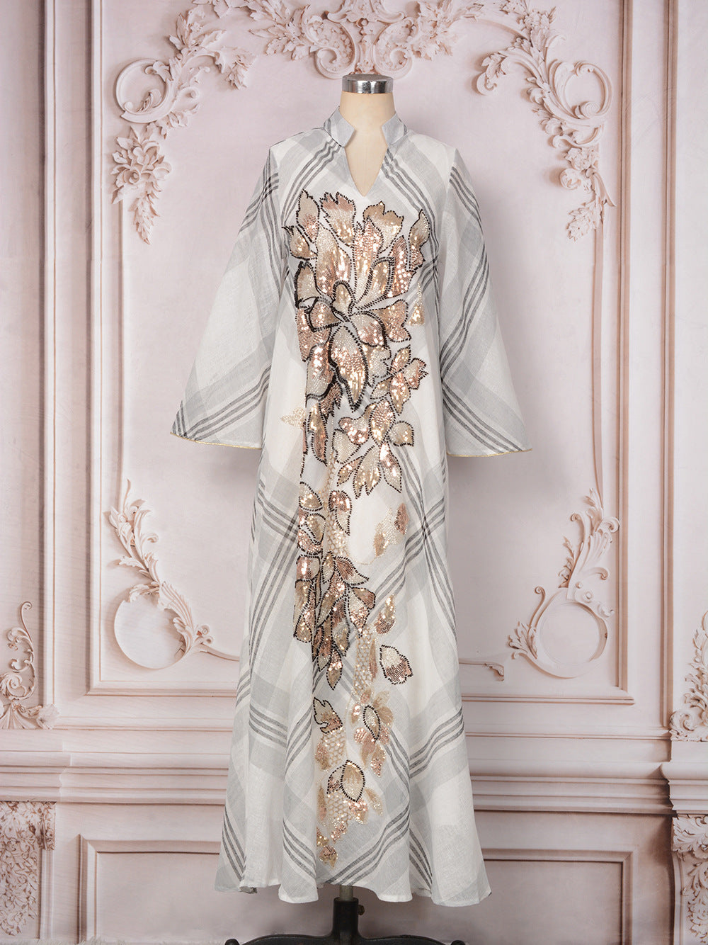 LM354 Plaid Sequin Abaya Dress