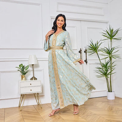 LM186 Summer Dubai Abaya Dress | Lightweight Gold Print Modest Maxi Kaftan