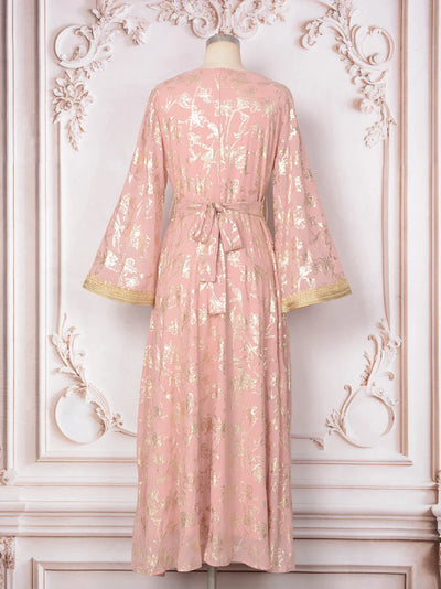 LM186 Summer Dubai Abaya Dress | Lightweight Gold Print Modest Maxi Kaftan