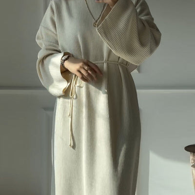 LM302 Ribbed Winter Abaya with Belt – Long Sleeve Modest Dress for Women