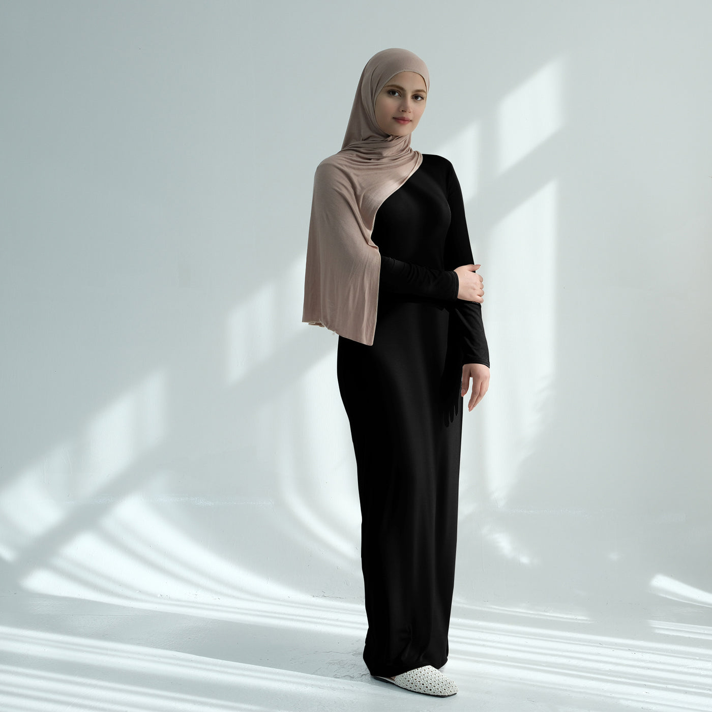 LM222 Modal Cotton Abaya Dress – Plain Solid, Long Sleeve Maxi; Optional Inner/Base Dress for Layering (Scarf Not Included)