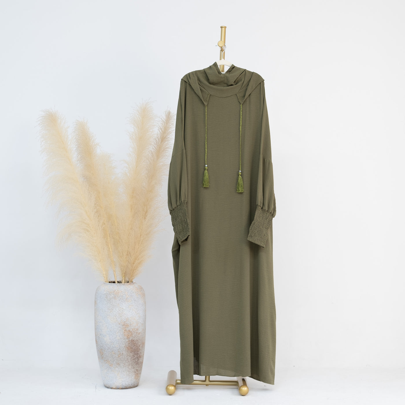 LM220 Hooded Abaya Dress for Women – Batwing Sleeve, Drawstring Hood, Shirred Cuffs, Solid Color