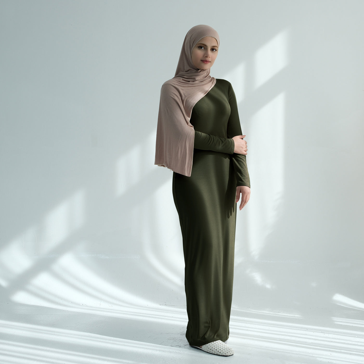 LM222 Modal Cotton Abaya Dress – Plain Solid, Long Sleeve Maxi; Optional Inner/Base Dress for Layering (Scarf Not Included)