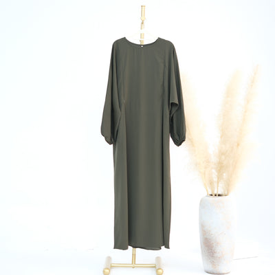 LM091 Nursing-Friendly Abaya Dress – Puff Sleeve, Round Neck Maxi