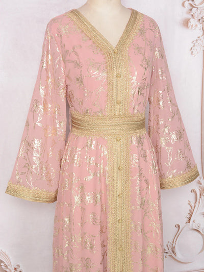 LM186 Summer Dubai Abaya Dress | Lightweight Gold Print Modest Maxi Kaftan