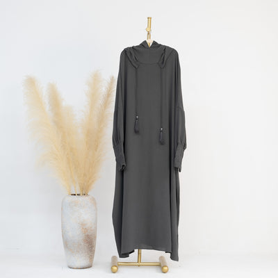 LM220 Hooded Abaya Dress for Women – Batwing Sleeve, Drawstring Hood, Shirred Cuffs, Solid Color