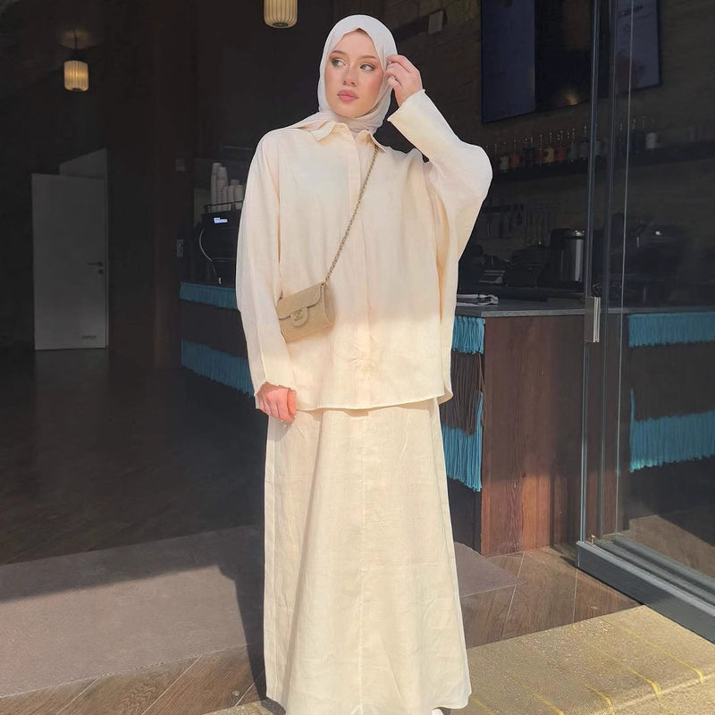 LM336 Cotton Retro Lapel Cardigan & Long Skirt Set – Modest 2-Piece Outfit $45.23