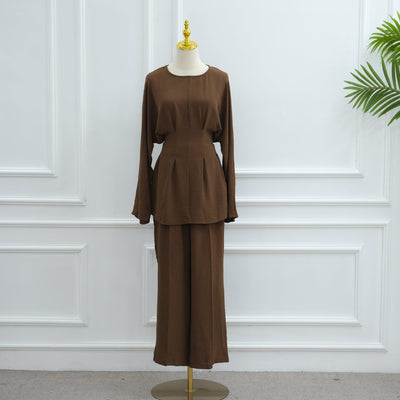 LM307 Ice Silk Two-Piece Set – Peplum Tunic & Wide Leg Pants Modest Outfit