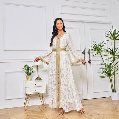 LM186 Summer Dubai Abaya Dress | Lightweight Gold Print Modest Maxi Kaftan