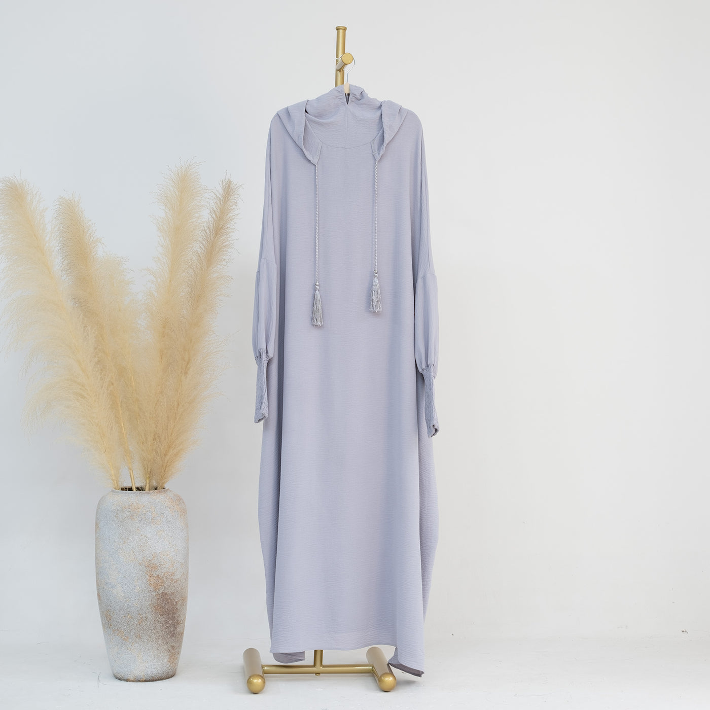 LM220 Hooded Abaya Dress for Women – Batwing Sleeve, Drawstring Hood, Shirred Cuffs, Solid Color